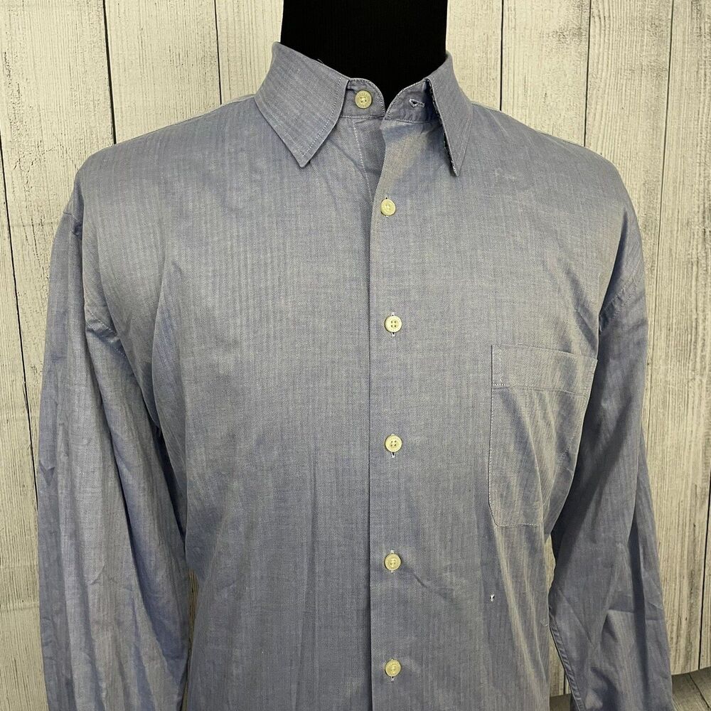 Hickey Freeman Men's XXL Blue Herringbone Long Sleeve Button-Front Shirt - Picture 3 of 8